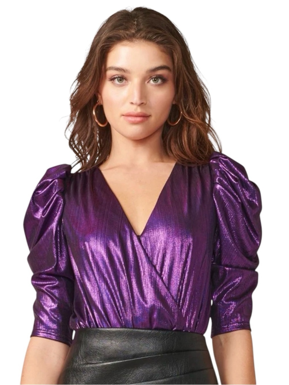 Adelyn Rae Lila Metallic V Neck Purple Puff-Sleeve Bodysuit Party Festival Sz S